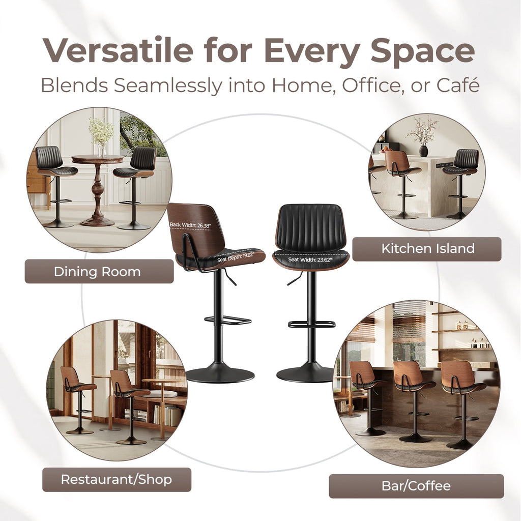 EOP Adjustable Swivel Bar Stools Single Piece Faux Leather Upholstered Counter Height Chairs with Back Dining Barstools for Kitchen Island, Black
