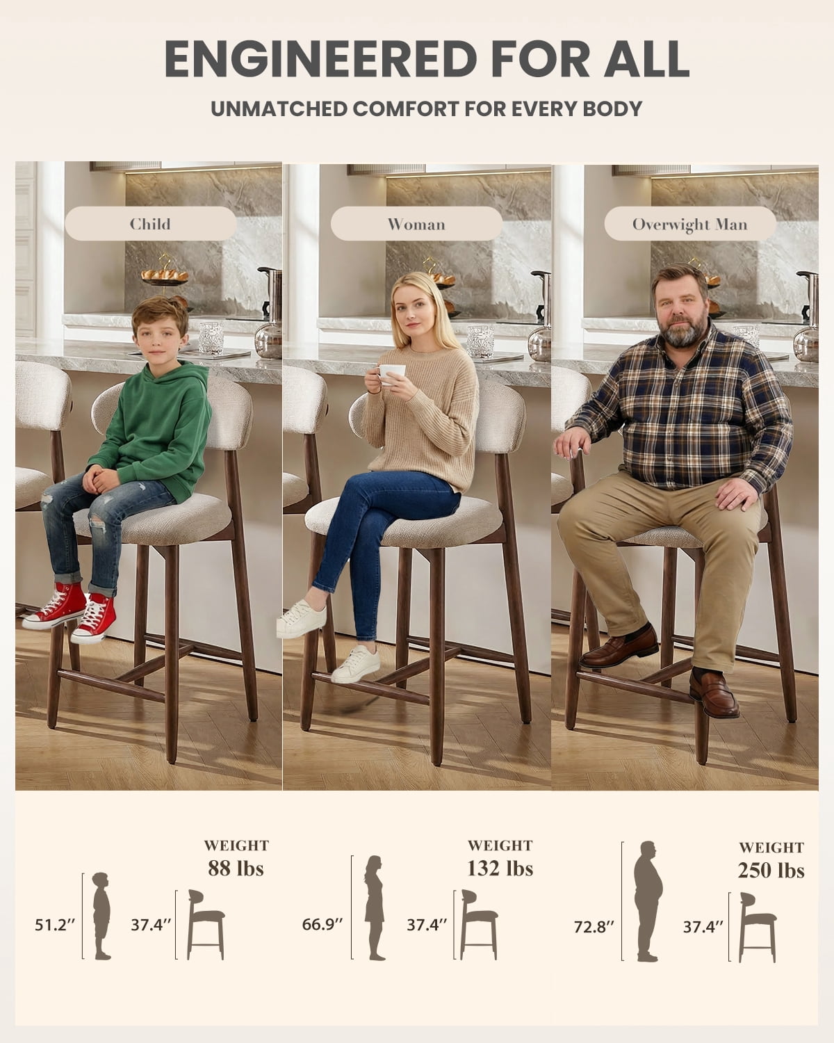 EOP Barstools Set of 2, Mid Century Counter Height Barstools with Curved Back, Upholstered Kitchen Bar Chairs with Wood Legs for Kitchen Island Dining Room