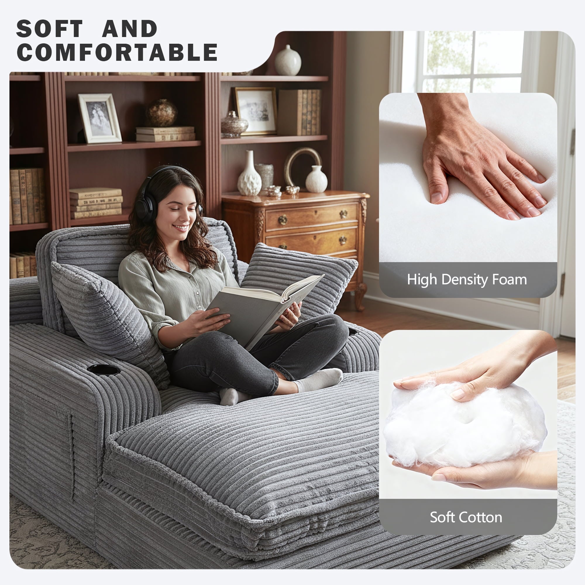 EOP 67'' Oversized Chaise Lounge Chair Indoor, Plush Boneless Cloud Couch with Side Pockets & Cup Holders, Comfy Corduroy Sleeper Couch with Removable Pillows for Living Room, Gray