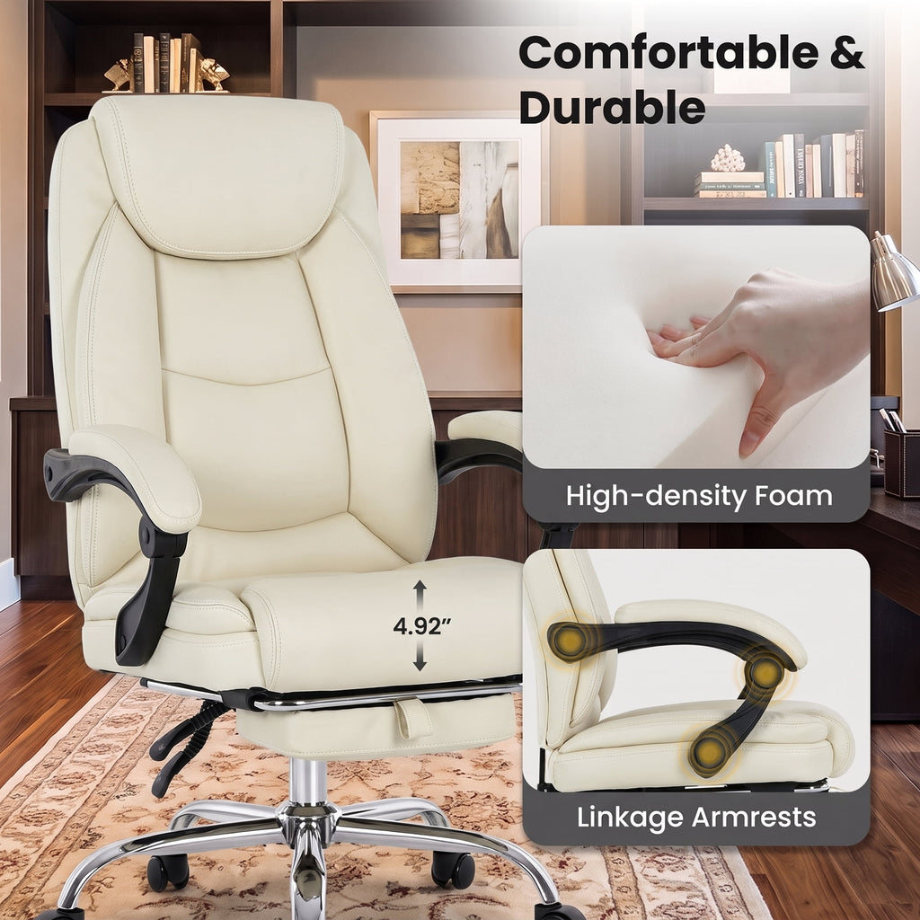 EOP Massage Faux Leather Desk Chair with Footrest High Back Office Chair Computer Reclining, Beige