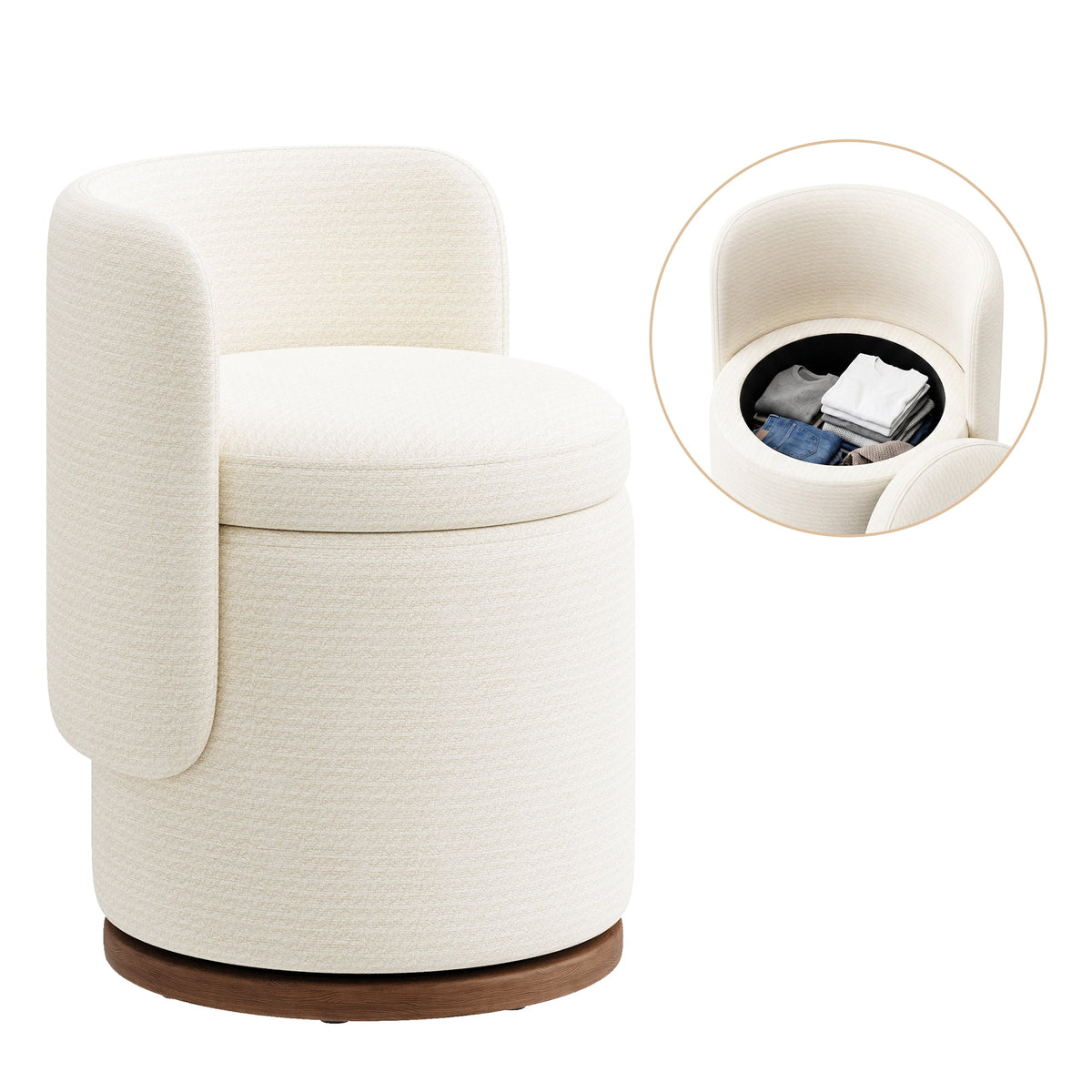 EOP Vanity Chair with Storage, 360° Swivel Upholstered Makeup Vanity Stool with Back, Modern Round Accent Stool for Bedroom or Dressing Room, White