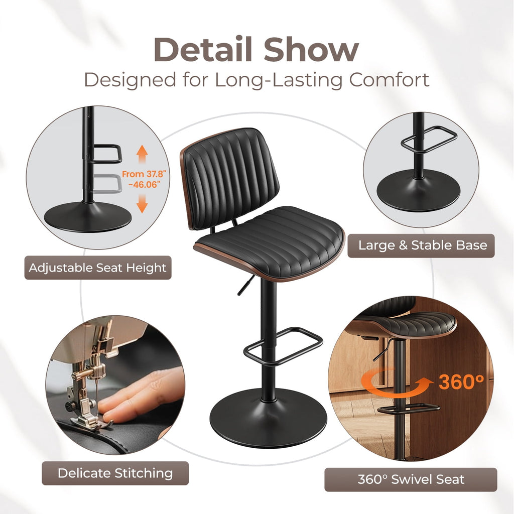 EOP Adjustable Swivel Bar Stools Single Piece Faux Leather Upholstered Counter Height Chairs with Back Dining Barstools for Kitchen Island, Black