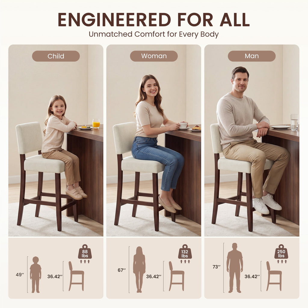 EOP 25.98" Modern Counter Height Barstools Set of 2, Farmhouse Wooden Upholstered Bar Stools With Footrest for Kitchen Island, Bar, Dining Room, Beige