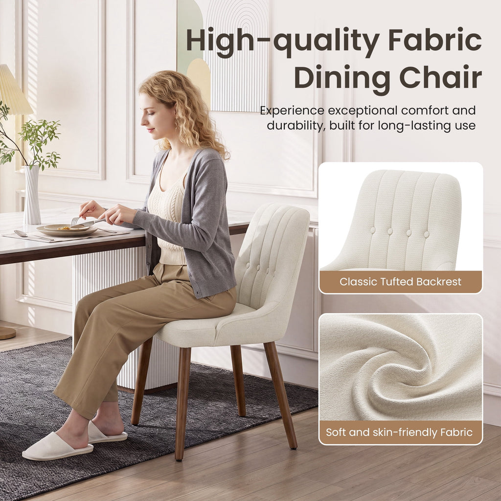 EOP Wooden Dining Chairs Set of 2, Modern Tufted Button Kitchen Chairs with Solid Wood Legs, Upholstered Fabric Dining Room Chairs for Living Room Bedroom, Beige
