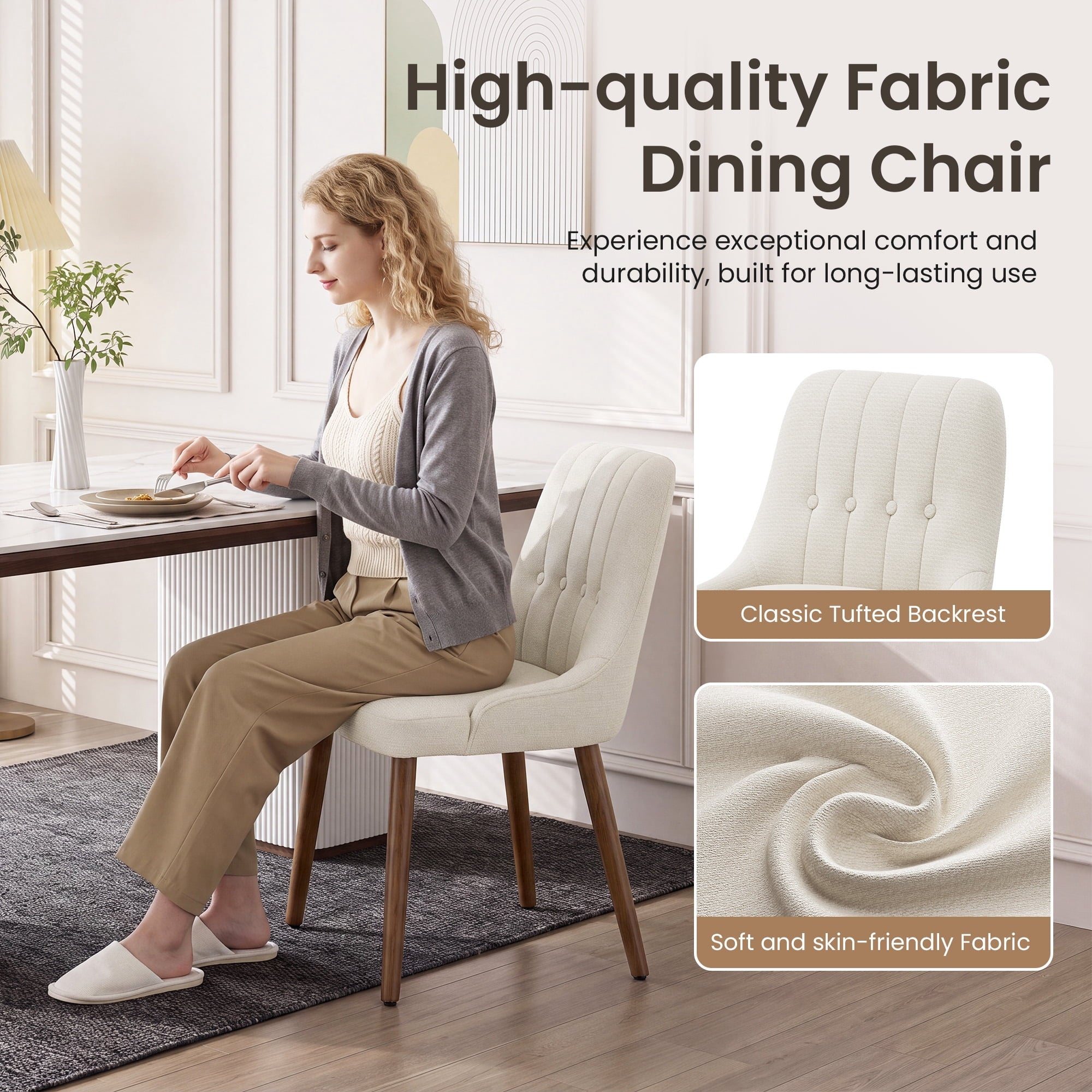 EOP Wooden Dining Chairs Set of 2, Modern Tufted Button Kitchen Chairs with Solid Wood Legs, Upholstered Fabric Dining Room Chairs for Living Room Bedroom, Beige