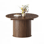 EOP 47″- 63″ Extendable Round Dining Table for 4-6, Wooden Kitchen Table with Hidden Storage and Fluted Sliding Door Cabinet, Modern Space-Saving Table for Dining Room Kitchen, Walnut