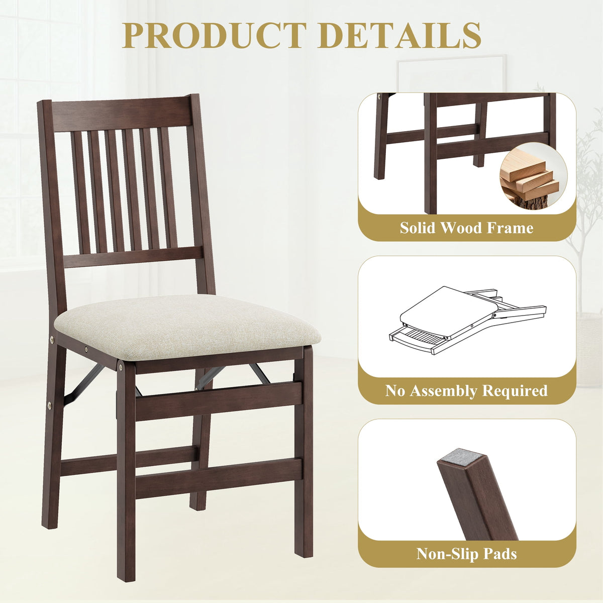 EOP Folding Dining Chairs Set of 2, Wooden Foldable Dining Room Chairs for Kitchen & Small Spaces, Mid Century Modern Upholstered Kitchen chairs, No Assembly Required, Beige