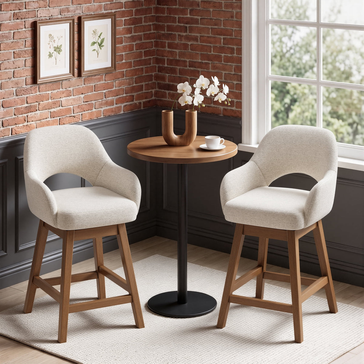 EOP Modern Swivel Bar Stools Set of 2, 25" Upholstered Counter Height Bar Stools with Wood Legs & Curved Back, Mid Century Bar Chairs for Kitchen Island Pub, Beige