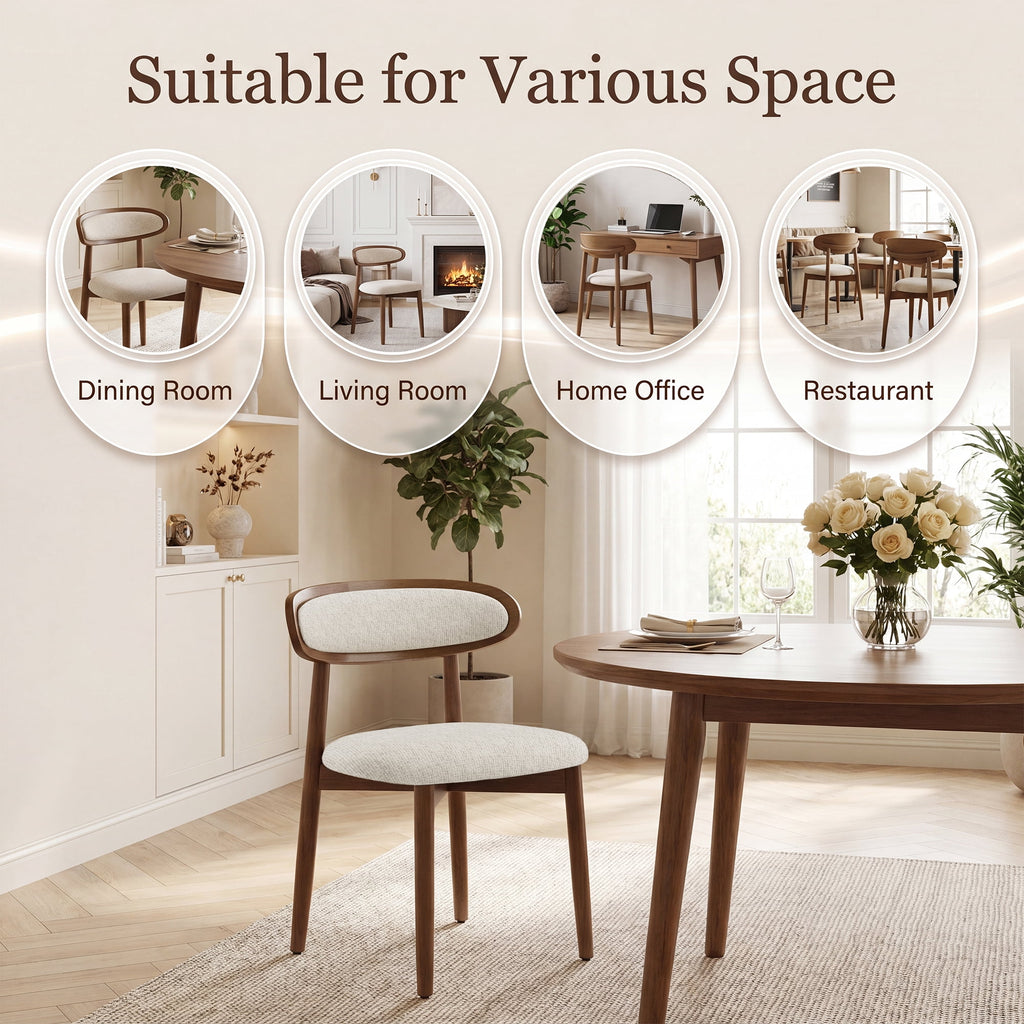 EOP Upholstered Dining Chairs Set of 2, Farmhouse Modern Fabric Wooden Dining Room Chair with Curved Back, Kitchen Side Chairs for Restaurant, Living Room, Beige