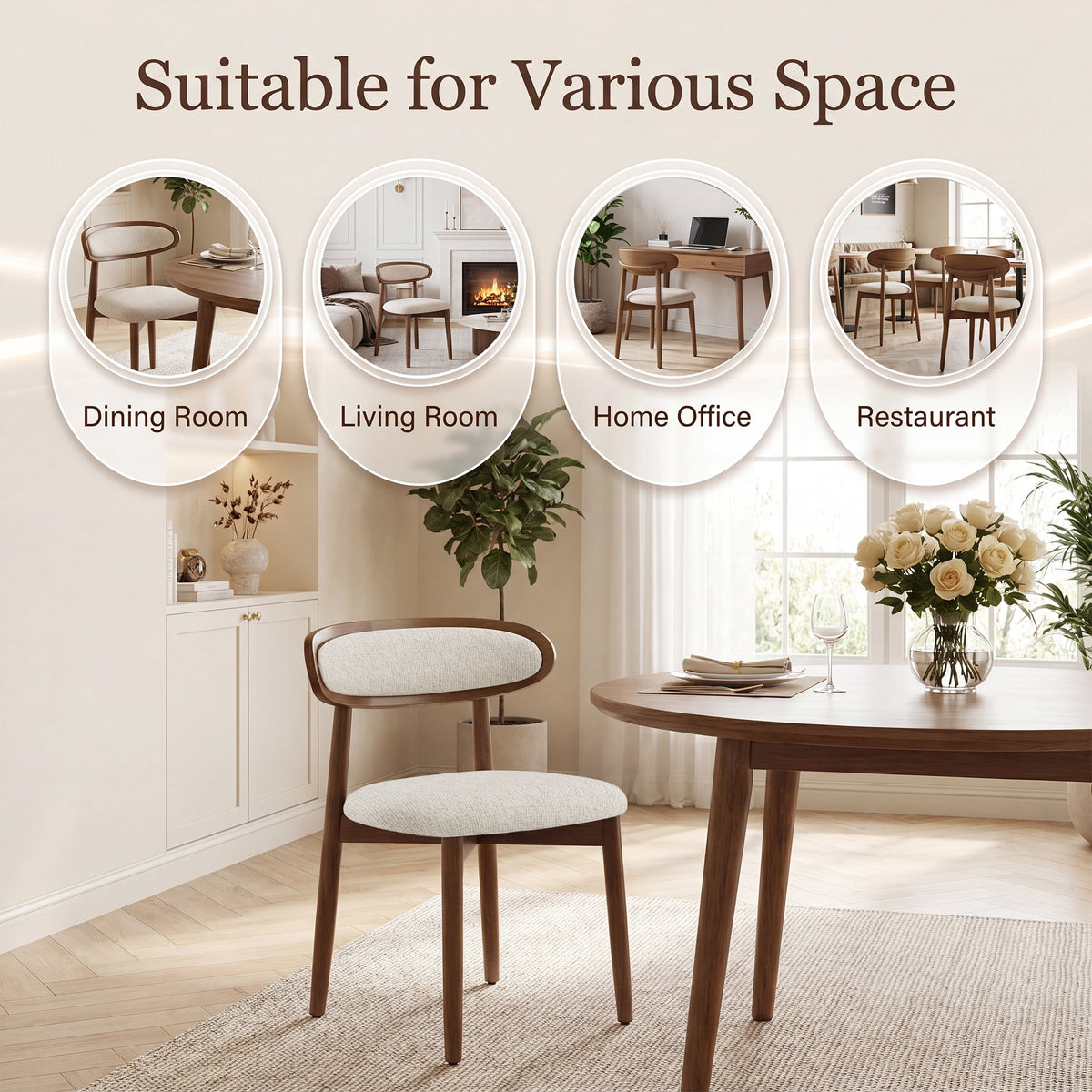 EOP Upholstered Dining Chairs Set of 2, Farmhouse Modern Fabric Wooden Dining Room Chair with Curved Back, Kitchen Side Chairs for Restaurant, Living Room, Beige