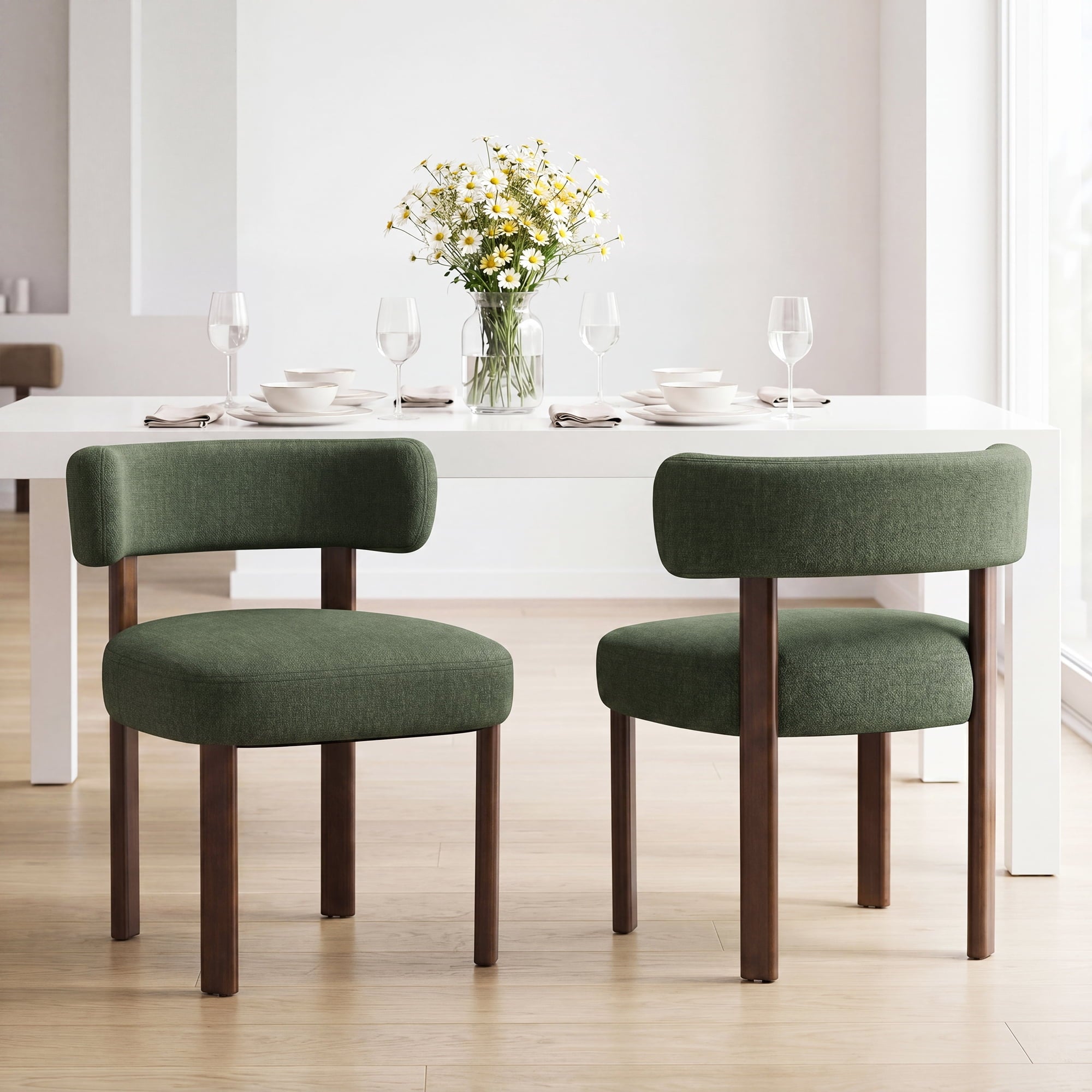 EOP Fabric Dining Chairs Set of 2, Mid-Century Modern Upholstered Kitchen Chairs with Curved Backrest and Wood Legs for Dining Room or Restaurant, Green