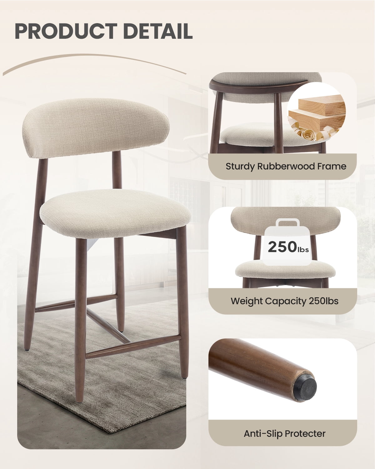 EOP Barstools Set of 2, Mid Century Counter Height Barstools with Curved Back, Upholstered Kitchen Bar Chairs with Wood Legs for Kitchen Island Dining Room