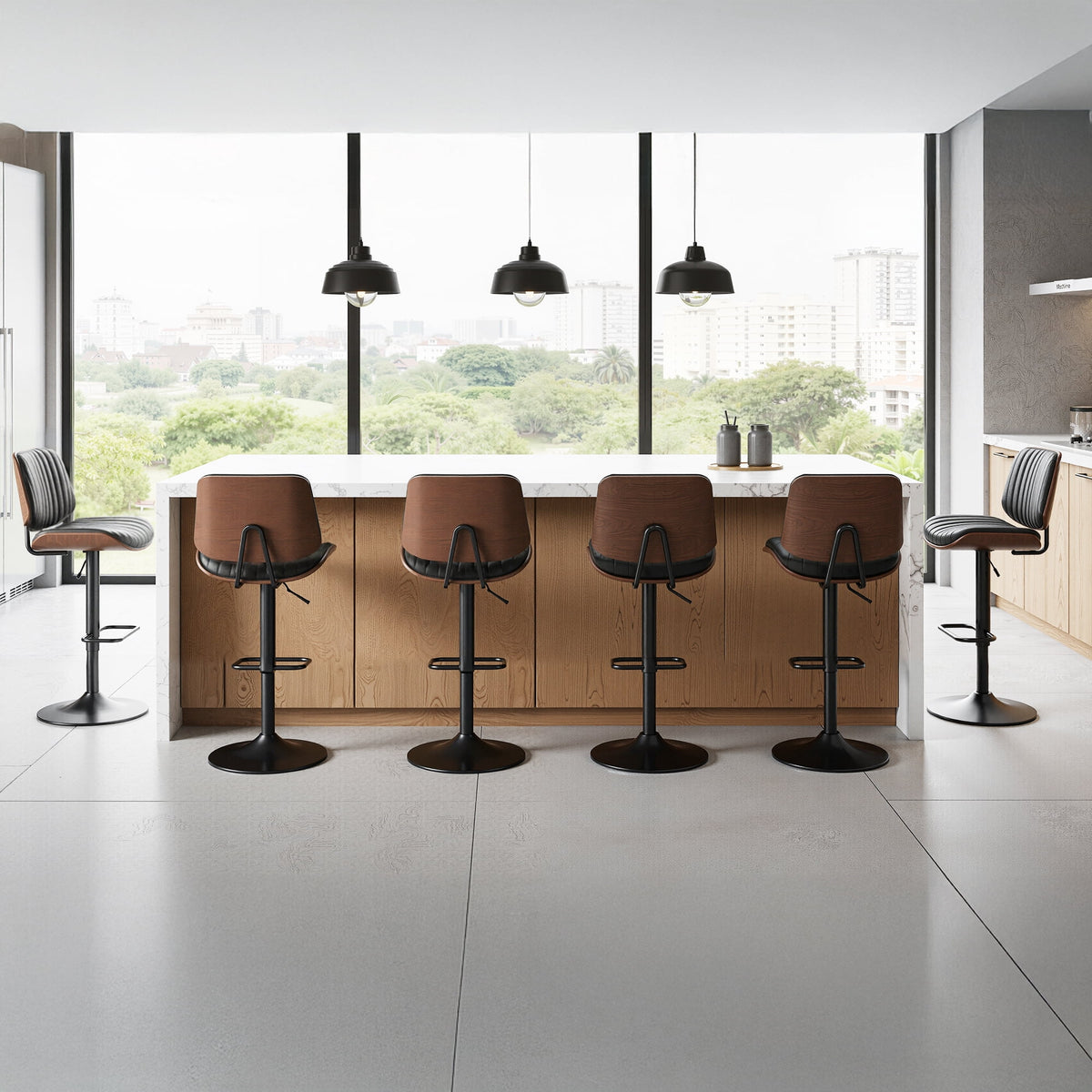 EOP Adjustable Swivel Bar Stools Single Piece Faux Leather Upholstered Counter Height Chairs with Back Dining Barstools for Kitchen Island, Black