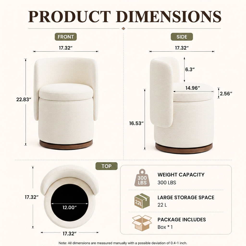 EOP Vanity Chair with Storage, 360° Swivel Upholstered Makeup Vanity Stool with Back, Modern Round Accent Stool for Bedroom or Dressing Room, White