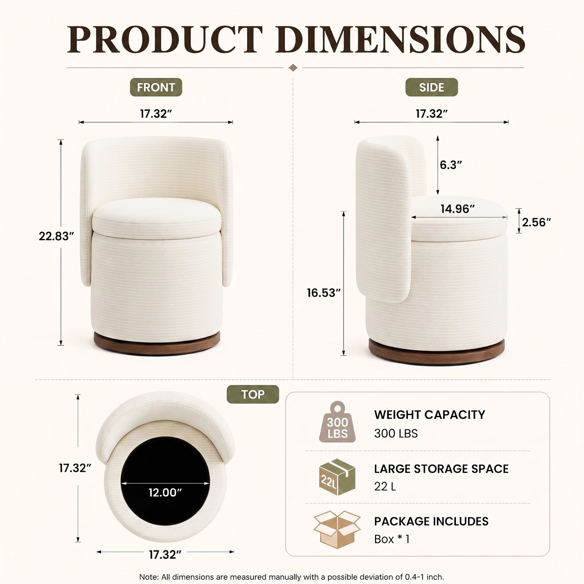 EOP Vanity Chair with Storage, 360° Swivel Upholstered Makeup Vanity Stool with Back, Modern Round Accent Stool for Bedroom or Dressing Room, White