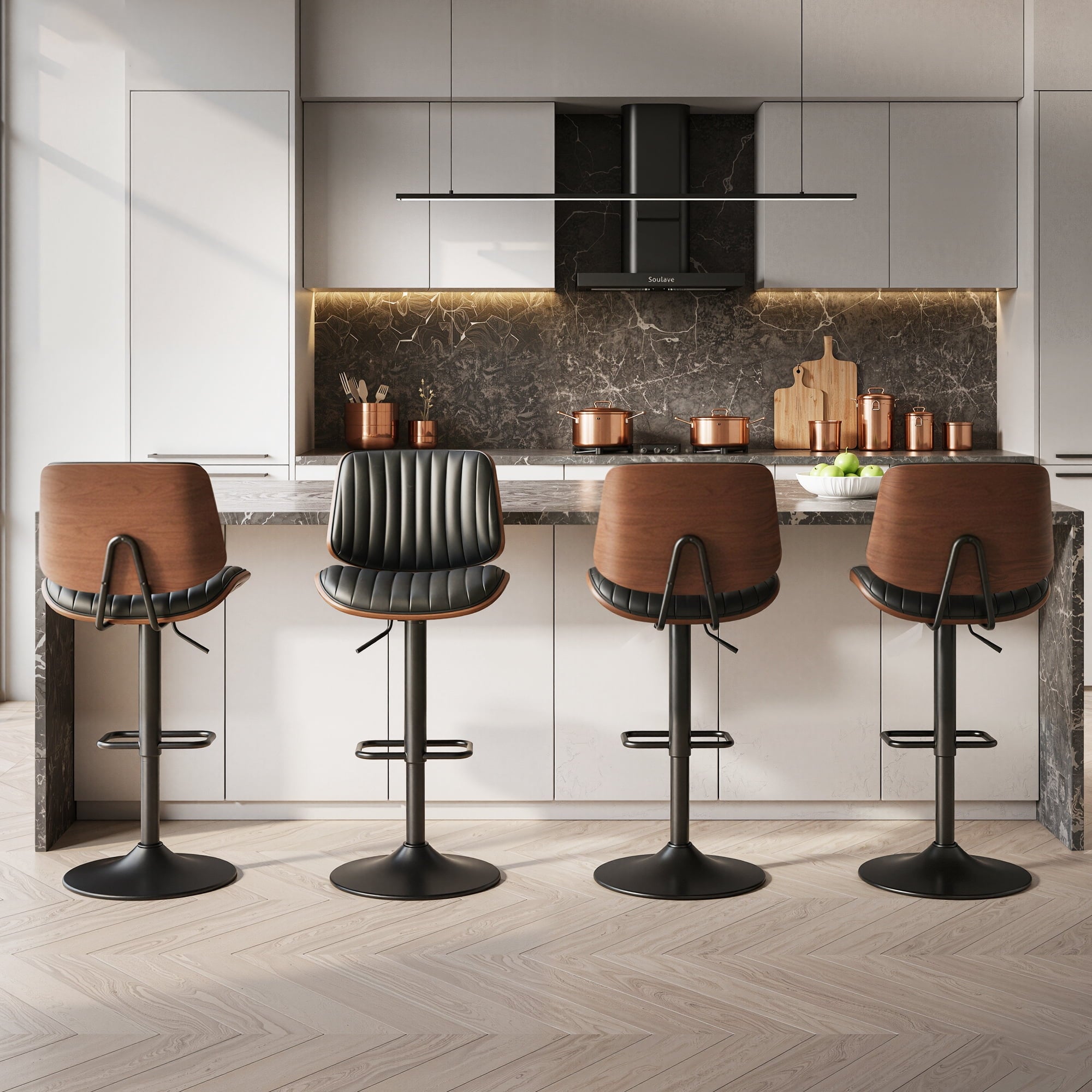 EOP Adjustable Swivel Bar Stools Single Piece Faux Leather Upholstered Counter Height Chairs with Back Dining Barstools for Kitchen Island, Black