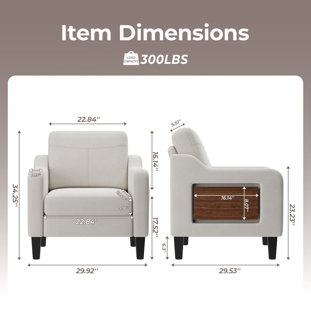 EOP Modern Upholstered Armchair, Linen Fabric Accent Chair with 2 Side Pockets, Living Room Chair with Foldable Table, Comfy Reading Chair for Bedroom, Beige