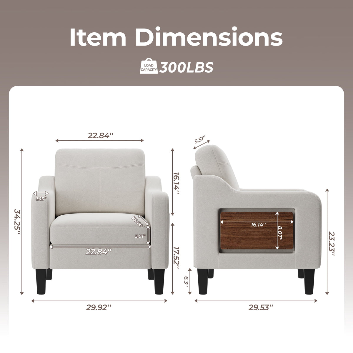 EOP Modern Upholstered Armchair, Linen Fabric Accent Chair with 2 Side Pockets, Living Room Chair with Foldable Table, Comfy Reading Chair for Bedroom, Beige