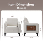 EOP Accent Chair with Foldable Table, Beige Linen Fabric Armchair with Side Pockets, Comfy Reading Chair for Living Room Bedroom