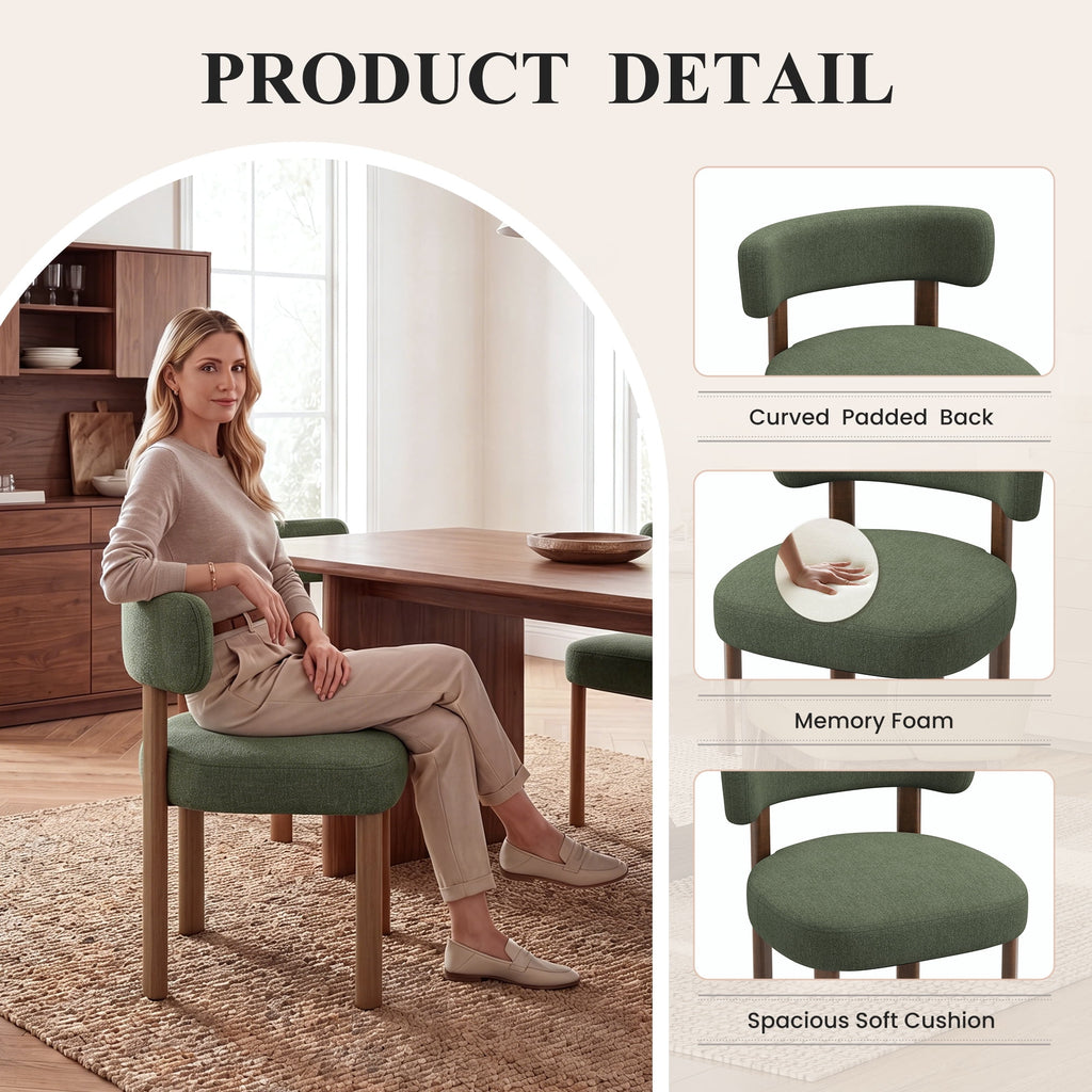 Upholstered Dining Chairs Set of 4, Mid Century Modern Dining Room Chairs, Farmhouse Wooden Chairs with Ergonomic Curved Backrest for Kitchen Dining Vanity