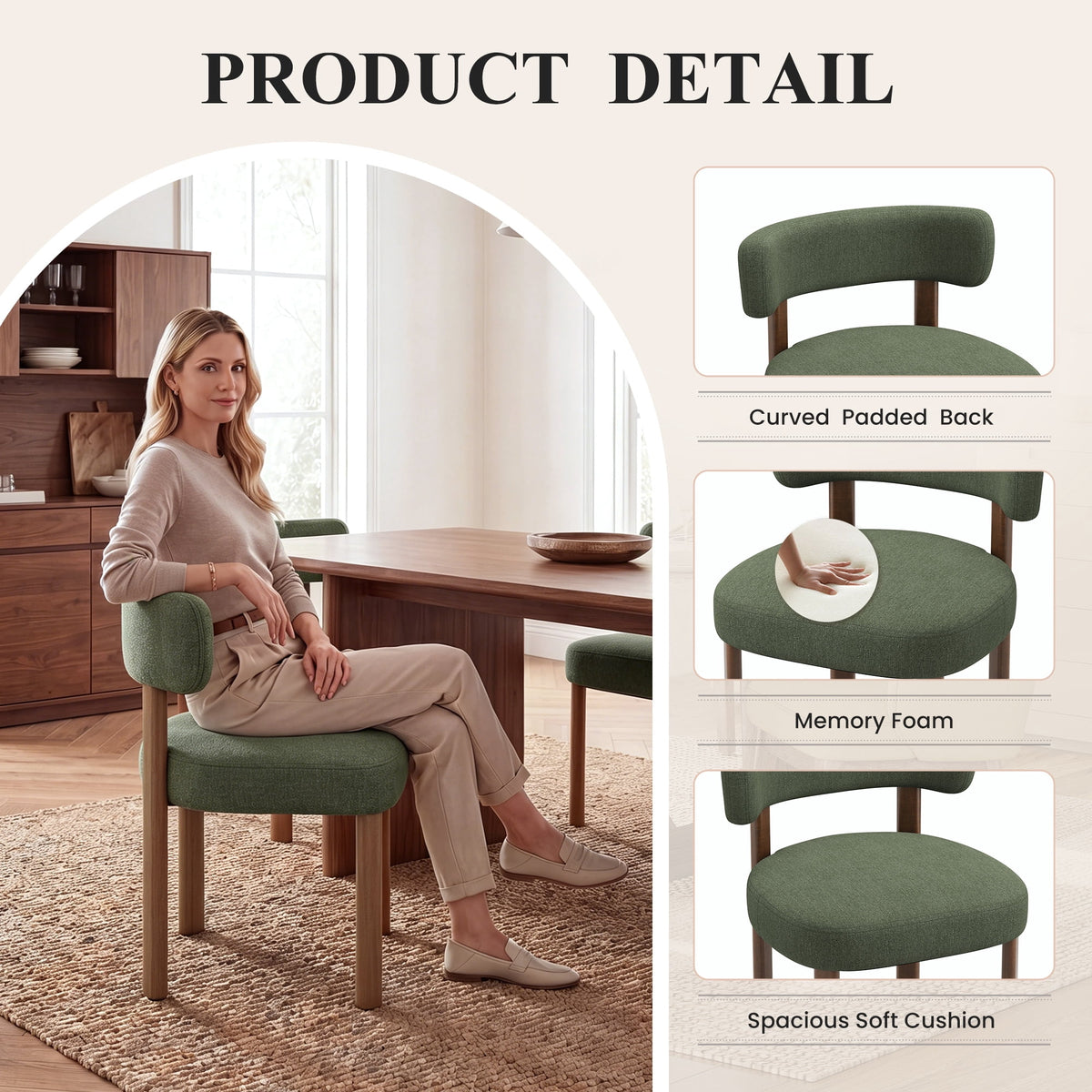 Upholstered Dining Chairs Set of 4, Mid Century Modern Dining Room Chairs, Farmhouse Wooden Chairs with Ergonomic Curved Backrest for Kitchen Dining Vanity