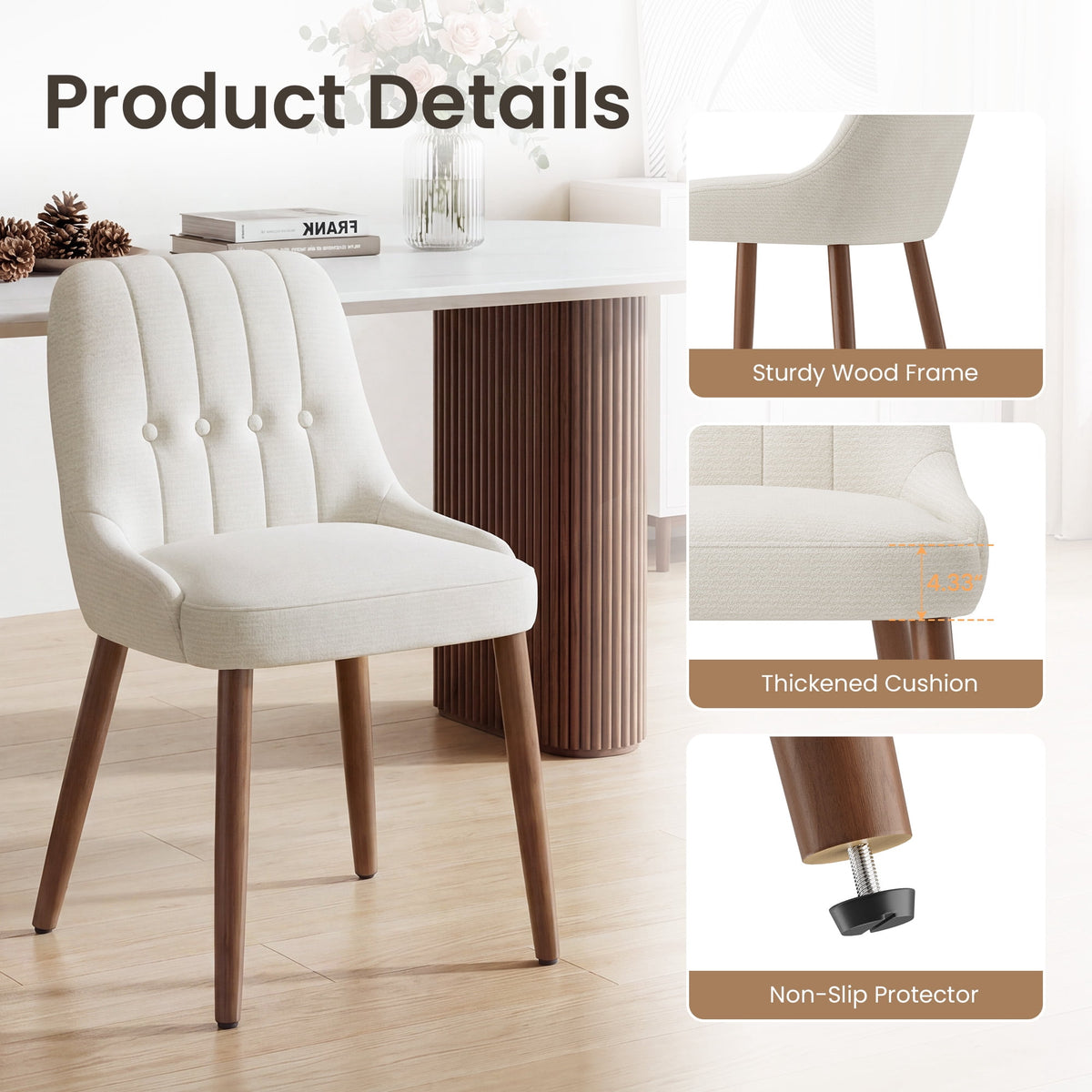 EOP Wooden Dining Chairs Set of 2, Modern Tufted Button Kitchen Chairs with Solid Wood Legs, Upholstered Fabric Dining Room Chairs for Living Room Bedroom, Beige