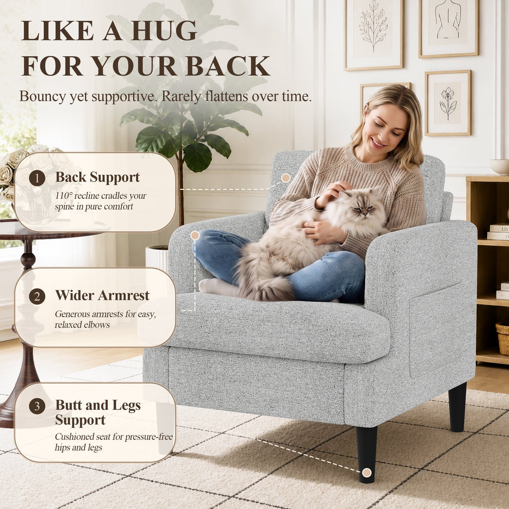 EOP 29.13" Accent Chairs Upholstered Fabric Compty Chairs with Armrest Reading Chair with Solid Wood Frame for Living Room Reading Room, Gray