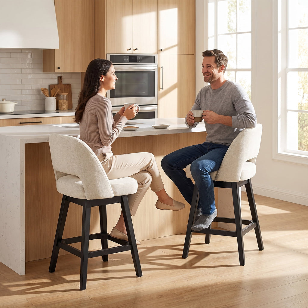 EOP 26'' Swivel Counter Height Bar Stools Set of 2, Modern Upholstered Bar Stools with Curved Back and Solid Wood Legs, Bar Chairs for Kitchen Island Home Bar, Beige