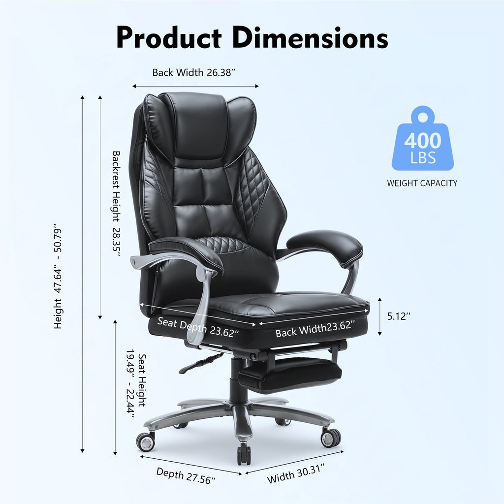 EOP Massage Big and Tall Office Chair with Heat and 4 Vibration Points, Executive Desk Chair with Adjustable Footrest, Black