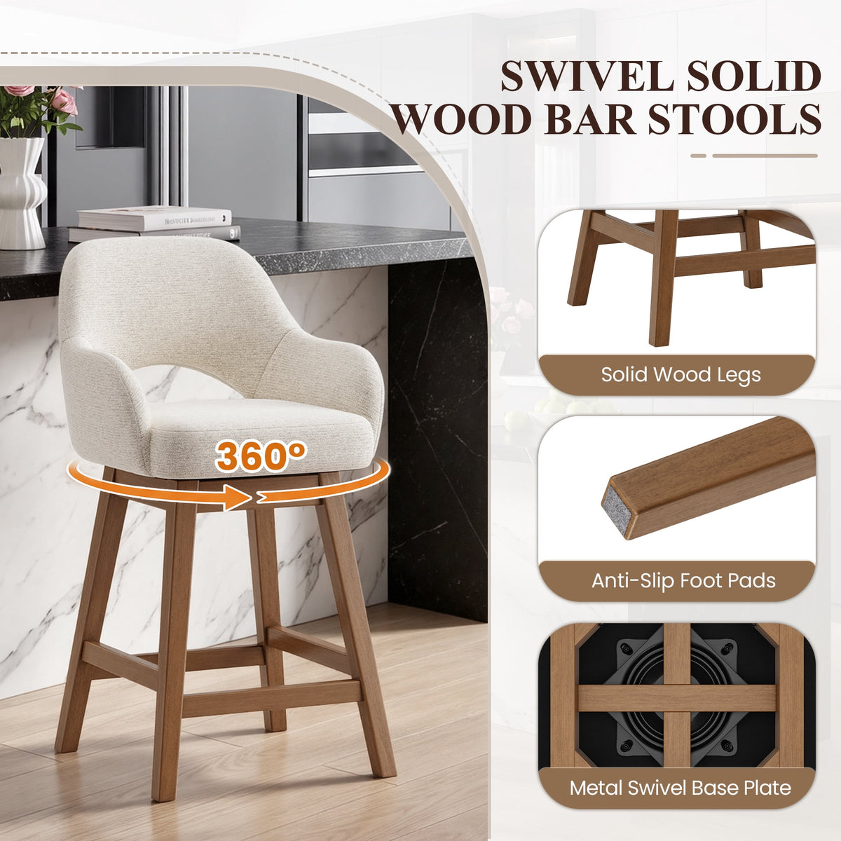 EOP Modern Swivel Bar Stools Set of 2, 25" Upholstered Counter Height Bar Stools with Wood Legs & Curved Back, Mid Century Bar Chairs for Kitchen Island Pub, Beige