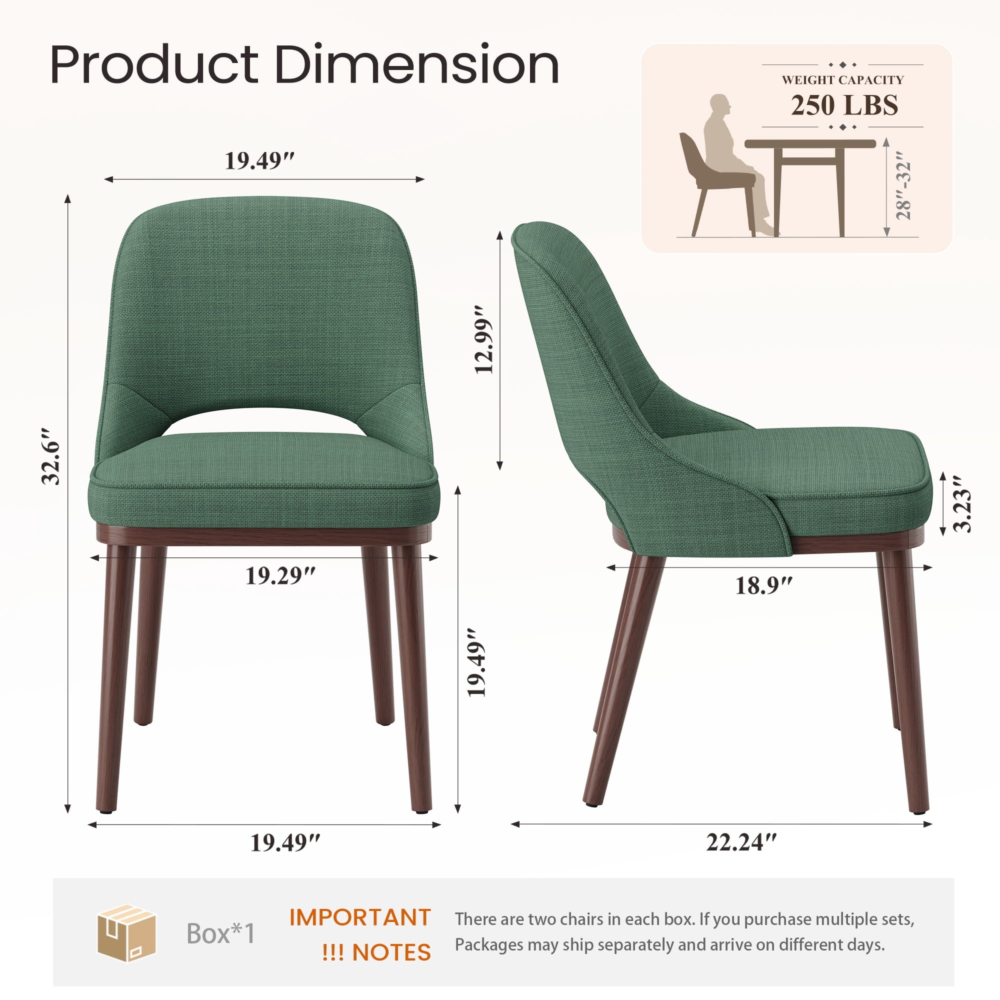 EOP Dining Chairs Set of 2, Upholstered Dining Side Chairs with Solid Rubber Wood Legs and Backrest, Modern Soft Chairs for Kitchen Dining Room Living Room, Green