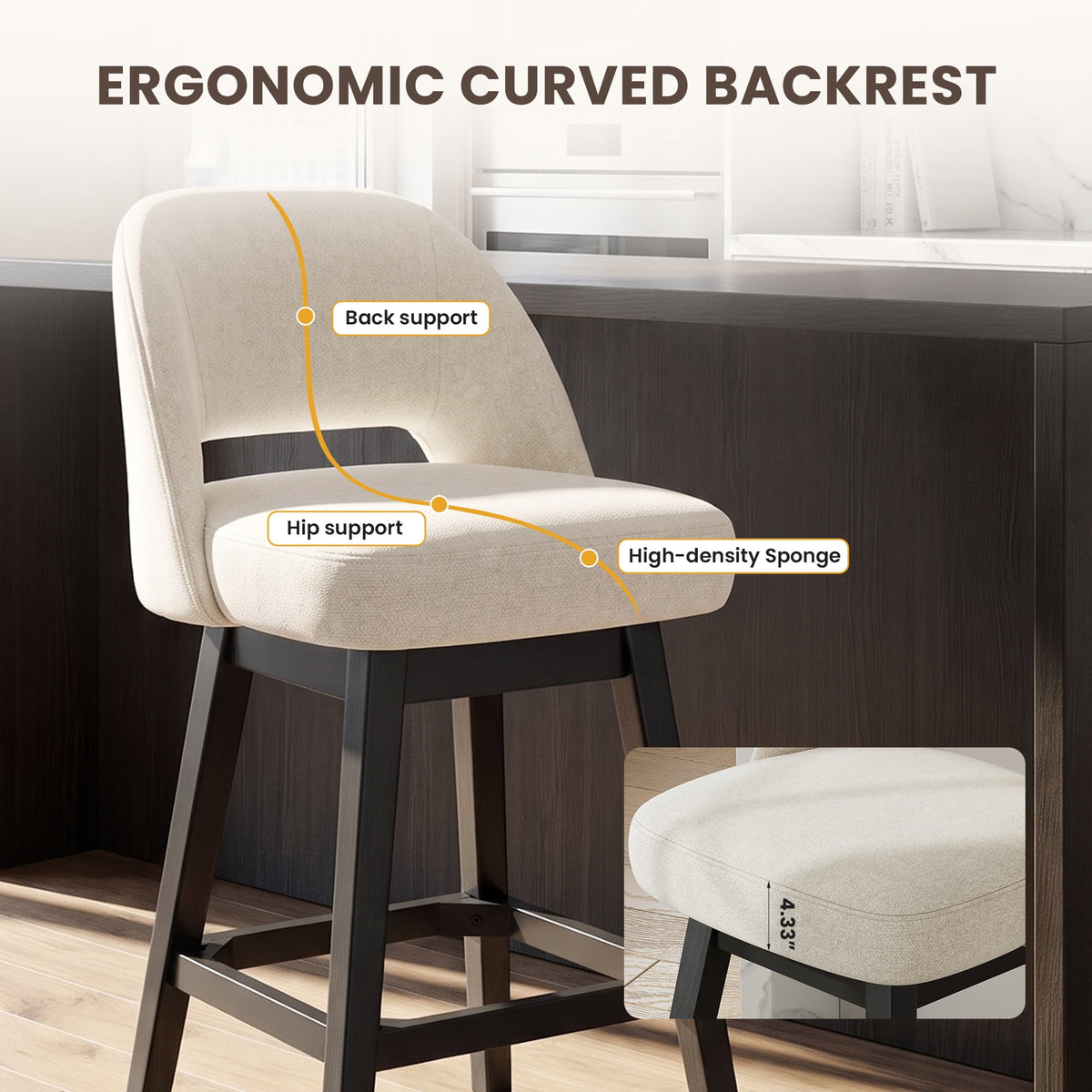 EOP 26'' Swivel Counter Height Bar Stools Set of 2, Modern Upholstered Bar Stools with Curved Back and Solid Wood Legs, Bar Chairs for Kitchen Island Home Bar, Beige