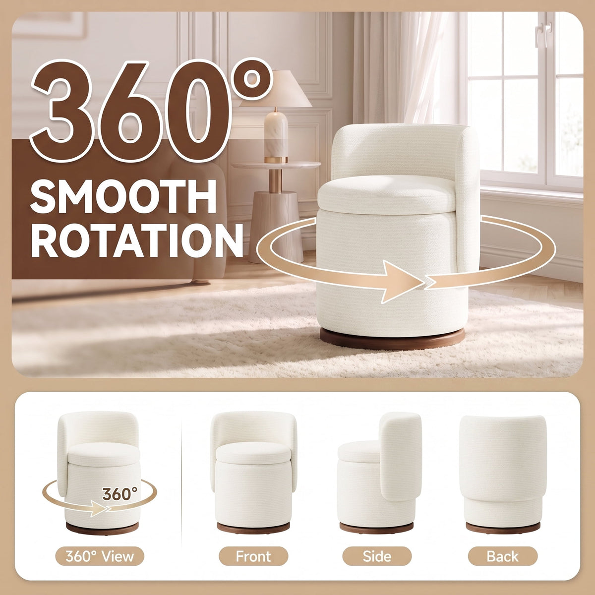EOP Vanity Chair with Storage, 360° Swivel Upholstered Makeup Vanity Stool with Back, Modern Round Accent Stool for Bedroom or Dressing Room, White