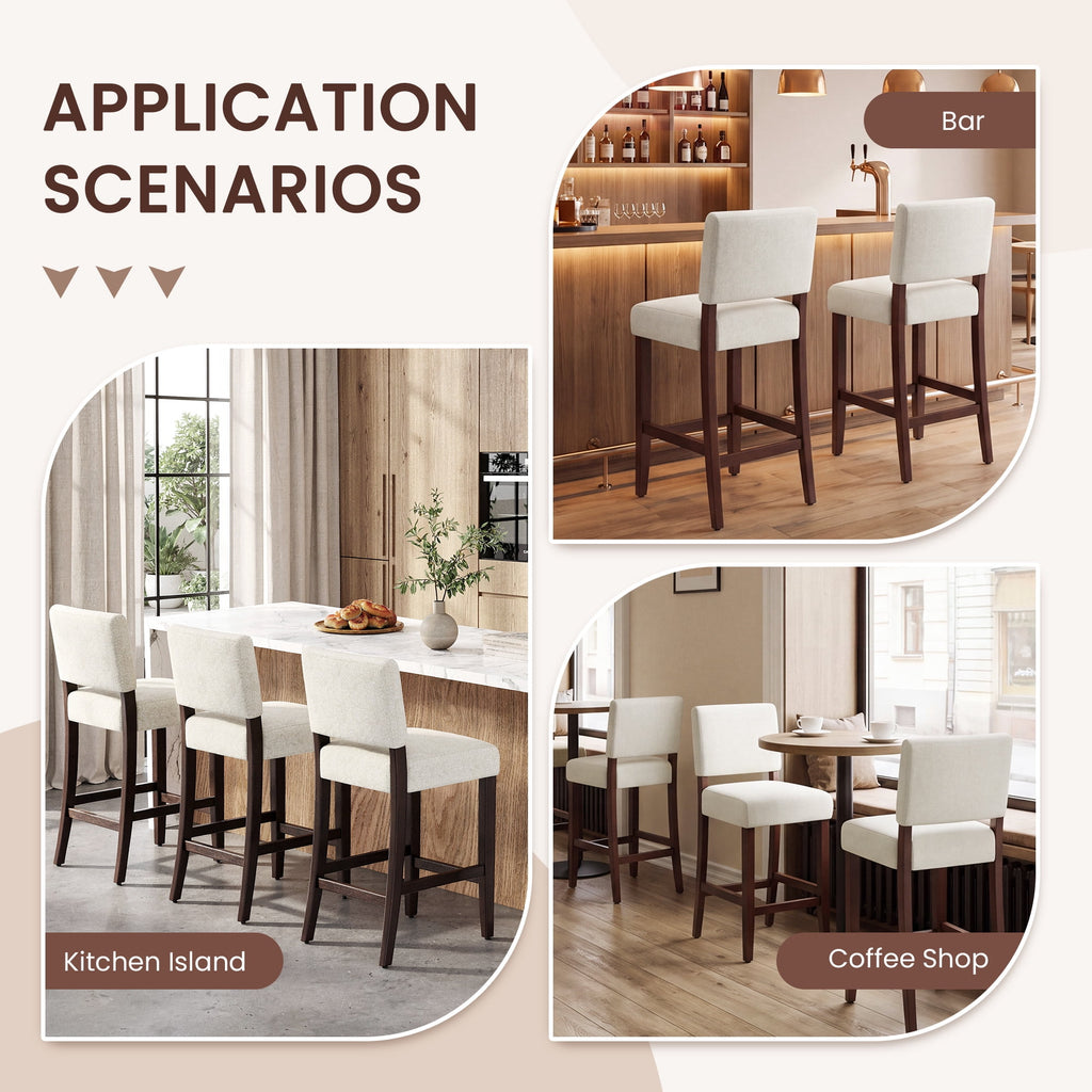 EOP 25.98" Modern Counter Height Barstools Set of 2, Farmhouse Wooden Upholstered Bar Stools With Footrest for Kitchen Island, Bar, Dining Room, Beige