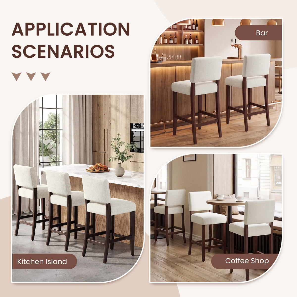 EOP 25.98" Modern Counter Height Barstools Set of 2, Farmhouse Wooden Upholstered Bar Stools With Footrest for Kitchen Island, Bar, Dining Room, Beige