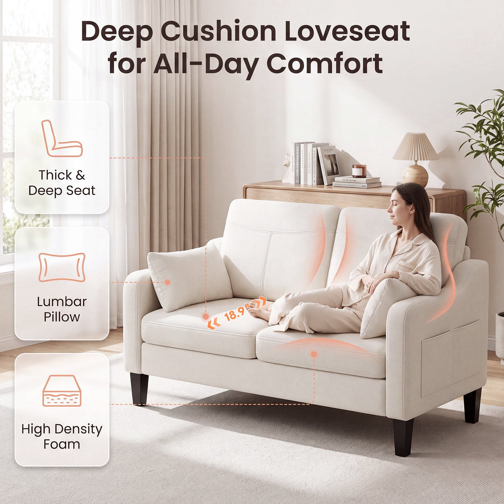 EOP 52" Upholstered Loveseat Sofa with USB & Type-C Charging, 2 Seater Small Couch with Storage Pockets & Armrest Pillows for Living Room, Apartment, Office, Small Spaces, Beige