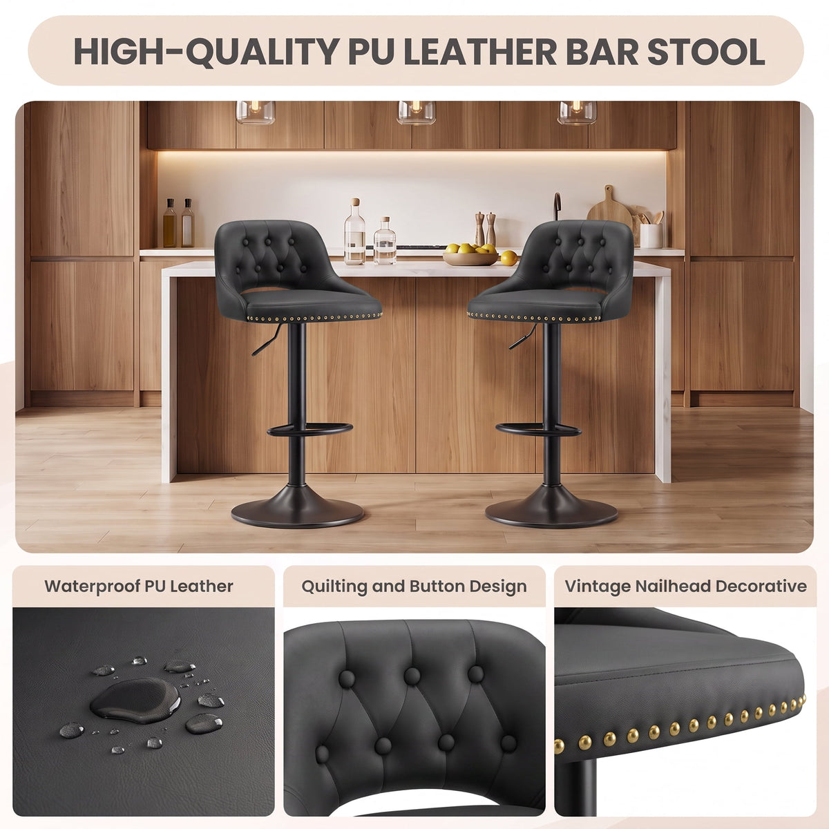 EOP Swivel Bar Stool, Adjustable Height PU Leather Bar Chair with Curved Backrest, Counter Height Seating for Kitchen Island Dining Room, Black
