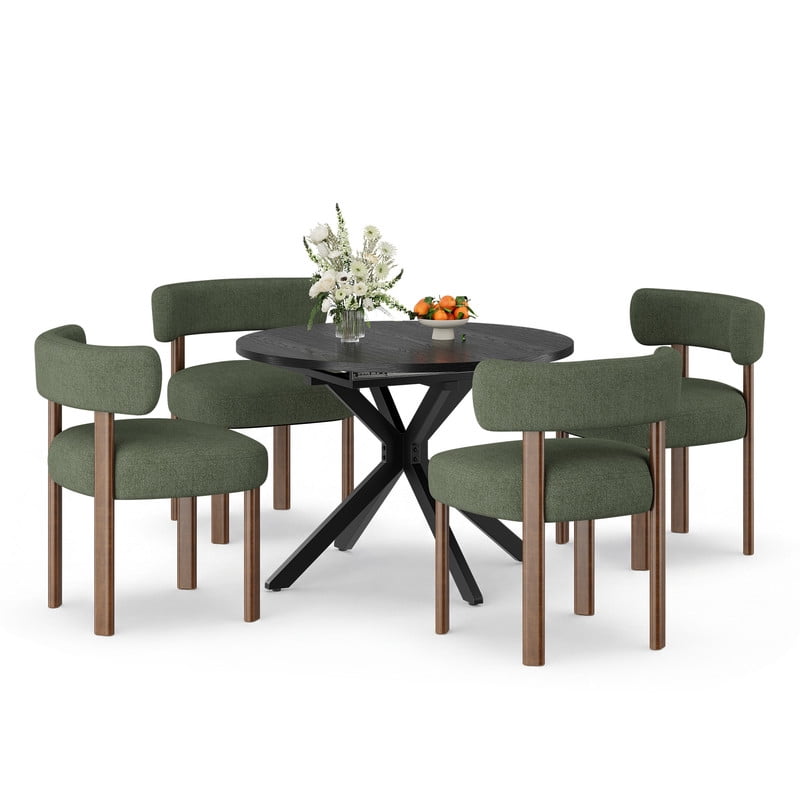 EOP 5-Piece Dining Set with Expandable 43″- 59″ Dining Table and 4 Upholstered Chairs for Small Spaces Small Home Kitchen Apartment, Black Table with Green Chairs