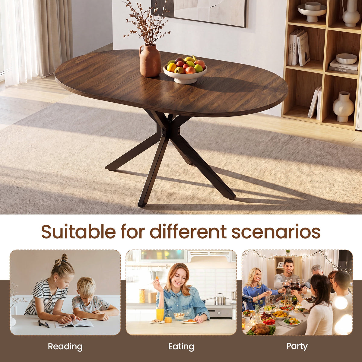 EOP 43″- 59″ Extendable Round Dining Table for 4-6, Farmhouse Oval Kitchen Table with Removable Leaves, Mid Century Modern Dining Room Table with Metal Frame, Space Saving, Walnut