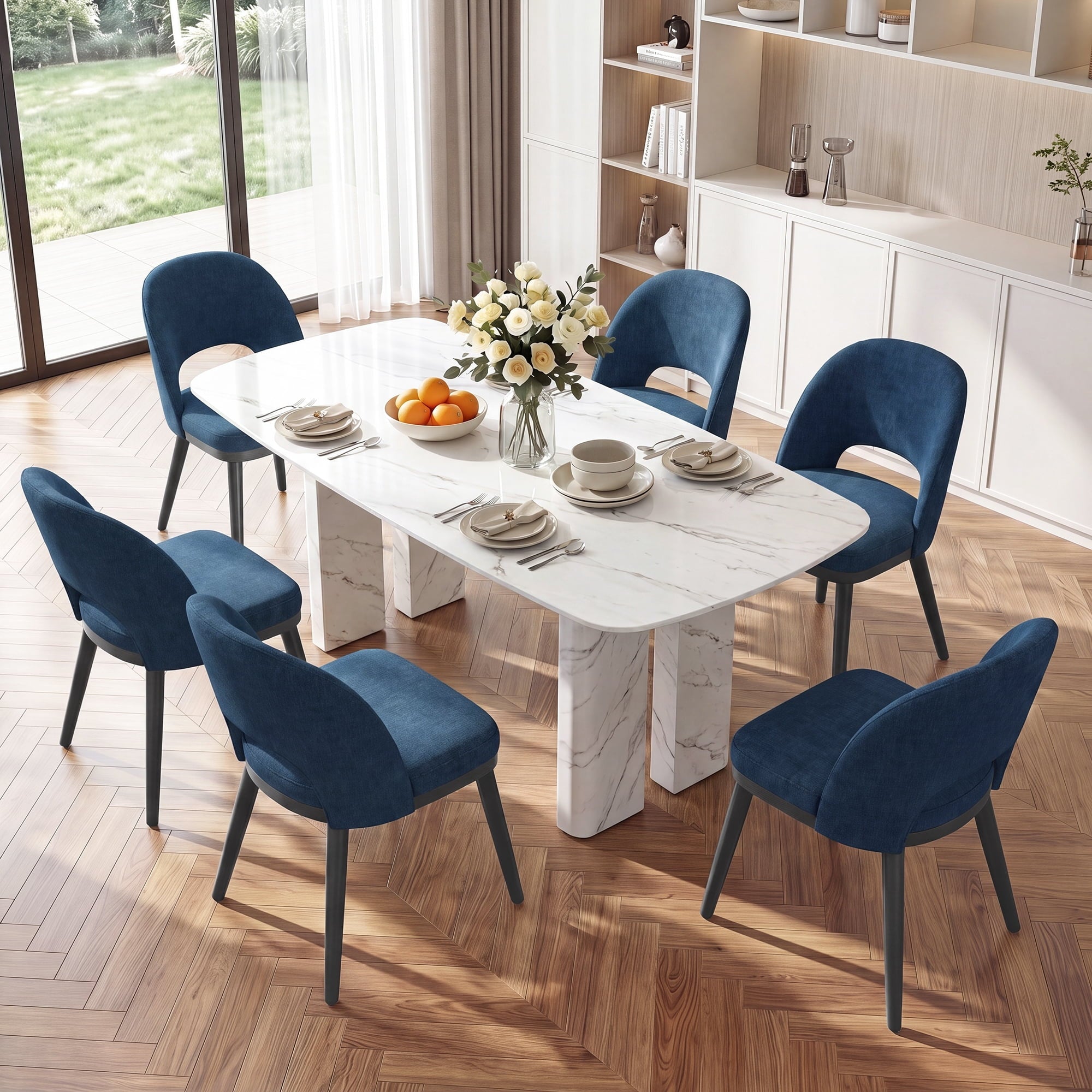 EOP Upholstered Dining Chairs Set of 6, Modern Fabric Dining Side Chairs with Solid Wood Legs, Comfortable Seating for Kitchen, Dining Room, Blue
