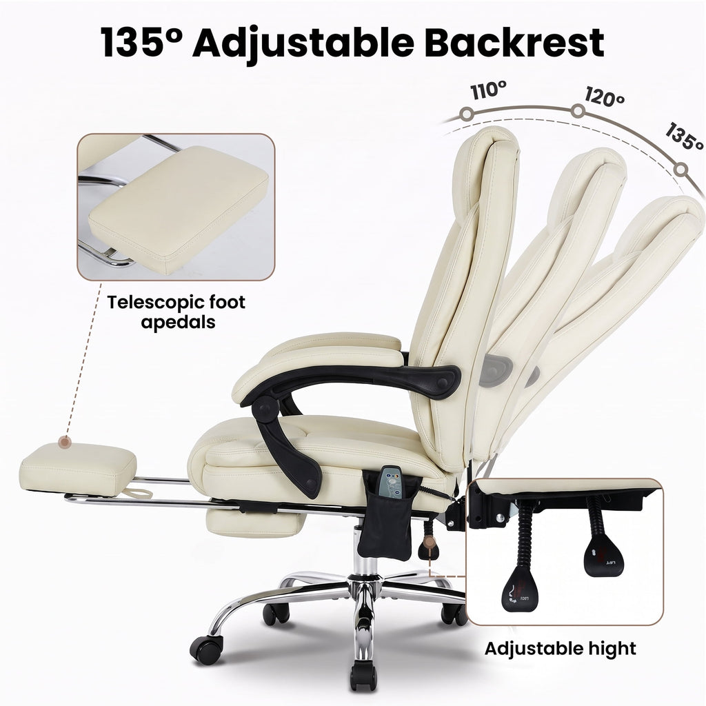EOP Massage Faux Leather Desk Chair with Footrest High Back Office Chair Computer Reclining, Beige