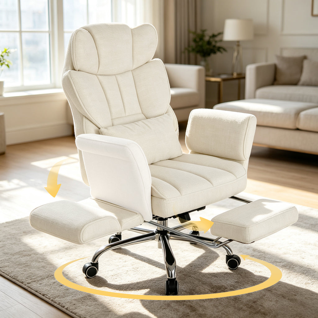 EOP Office Chair, Swivel Ergonomic Large Desk Chair with Adjustable Backrest and Footrest, Flip Armrests Home Executive Office Chair for Work, Gaming, Beige