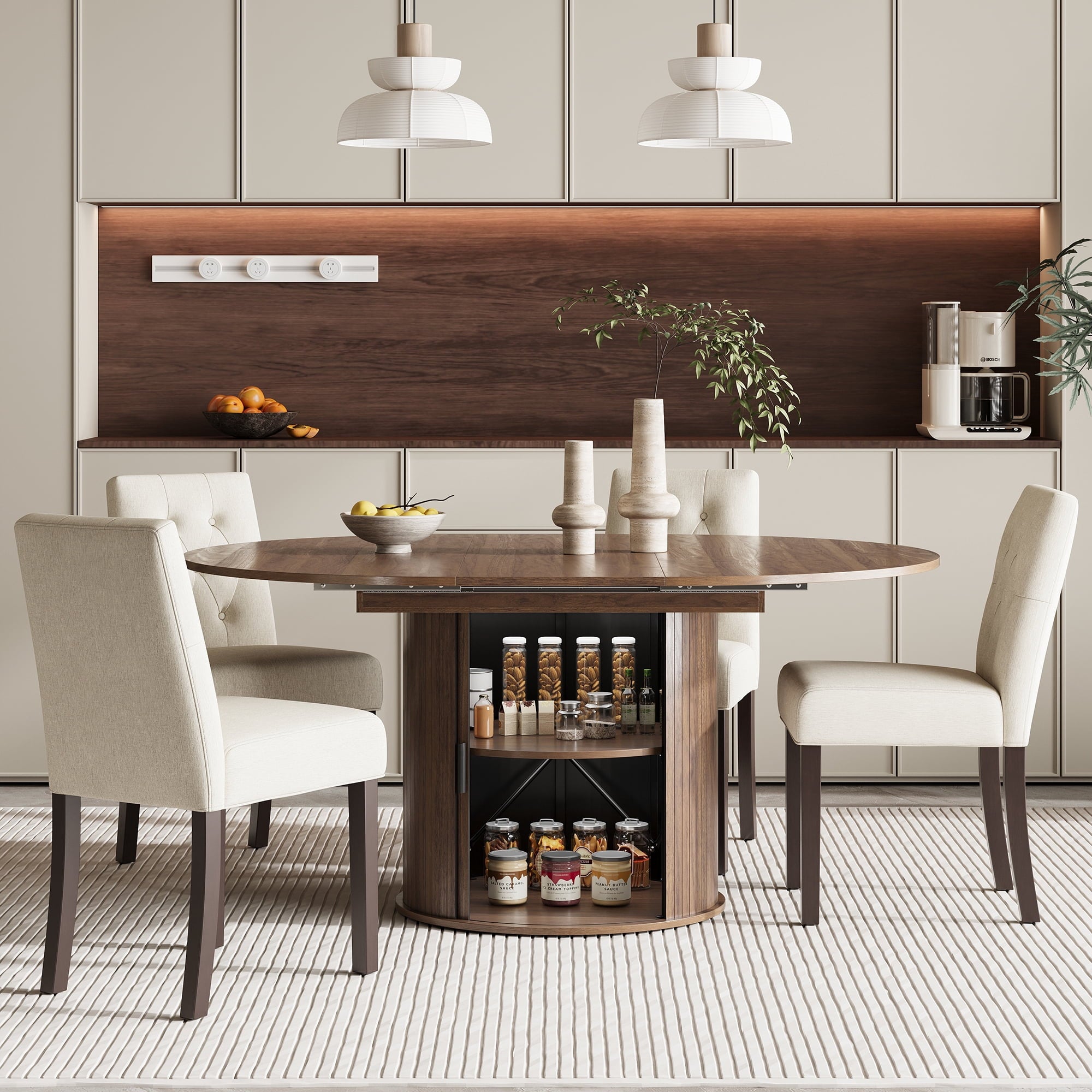 EOP 5-Piece Extendable Dining Table Set for 4, 47"-63" Wood Kitchen Table with 4 Upholstered Chairs, Space-Saving Drop Leaf Kitchen Table for Dining Room, Small Space