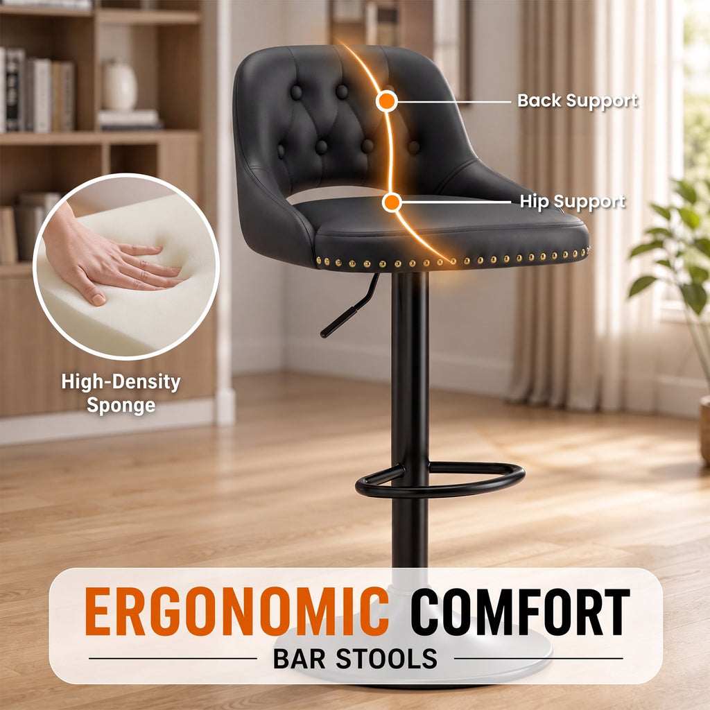 EOP Swivel Bar Stool, Adjustable Height PU Leather Bar Chair with Curved Backrest, Counter Height Seating for Kitchen Island Dining Room, Black