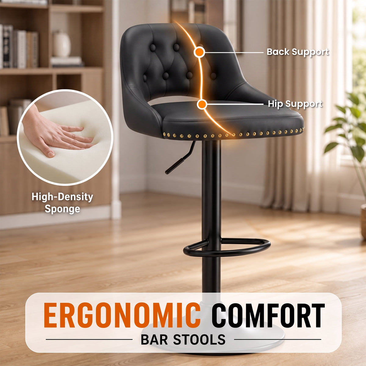 EOP Swivel Bar Stool, Adjustable Height PU Leather Bar Chair with Curved Backrest, Counter Height Seating for Kitchen Island Dining Room, Black