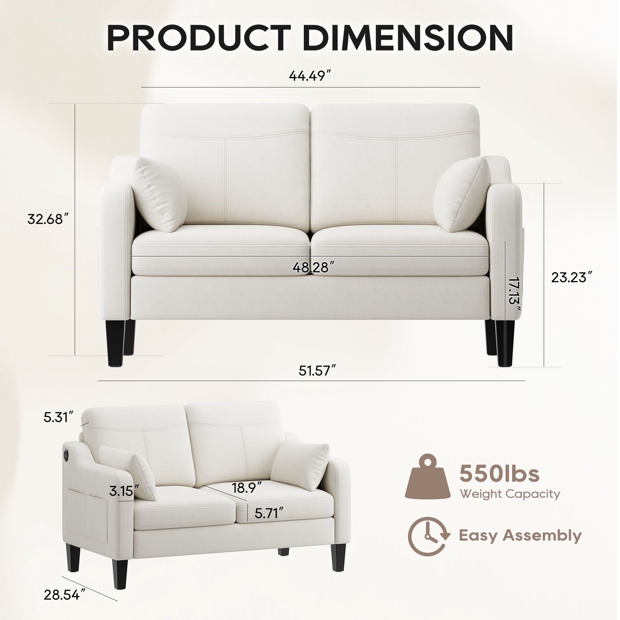 EOP 52" Upholstered Loveseat Sofa, Modern Comfy 2 Seater Couches with USB & Type-C Port, Side Pockets & 2 Pillows for Living Room, Apartment and Small Spaces, Beige