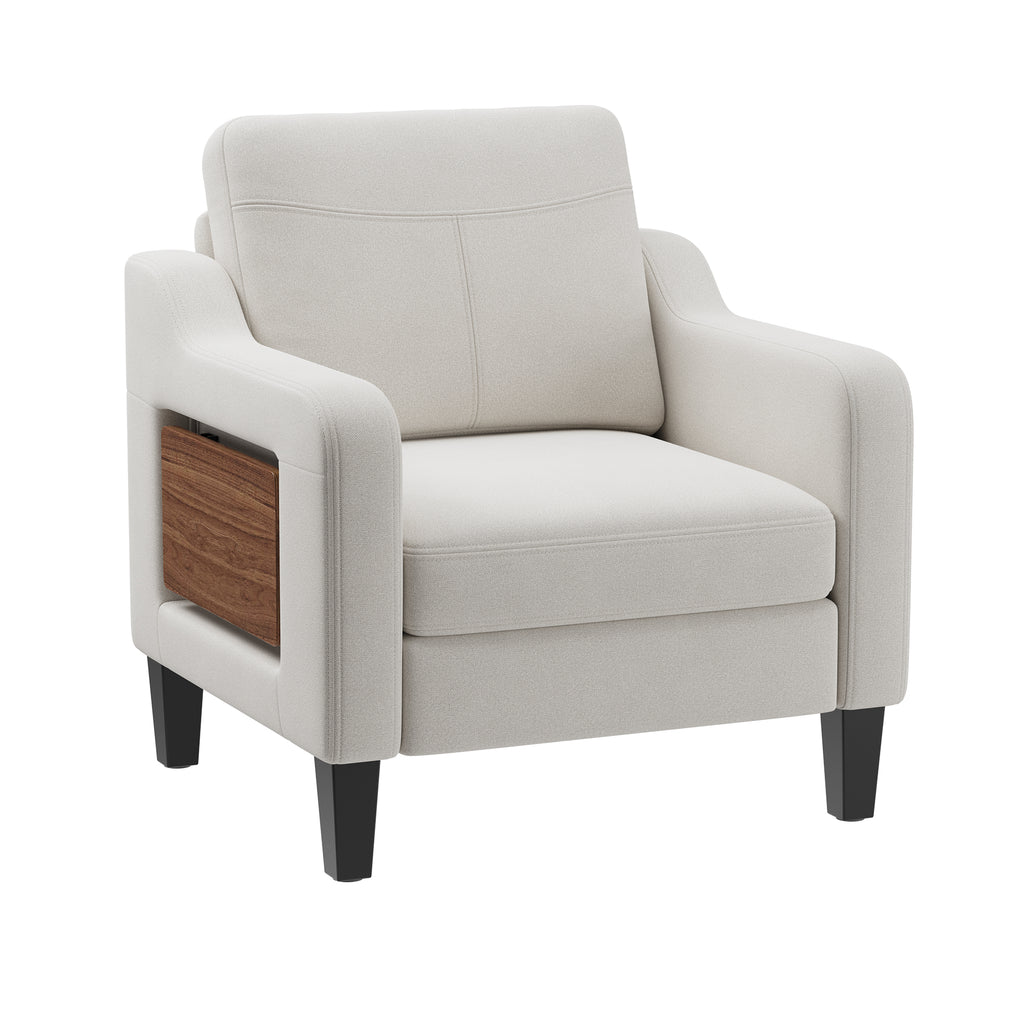 EOP Modern Upholstered Armchair, Linen Fabric Accent Chair with 2 Side Pockets, Living Room Chair with Foldable Table, Comfy Reading Chair for Bedroom, Beige