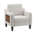 EOP Modern Upholstered Armchair, Linen Fabric Accent Chair with 2 Side Pockets, Living Room Chair with Foldable Table, Comfy Reading Chair for Bedroom, Beige