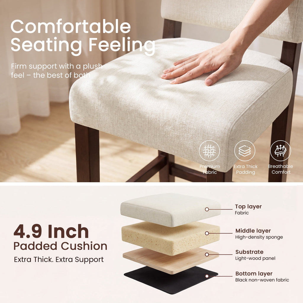 EOP 25.98" Modern Counter Height Barstools Set of 2, Farmhouse Wooden Upholstered Bar Stools With Footrest for Kitchen Island, Bar, Dining Room, Beige