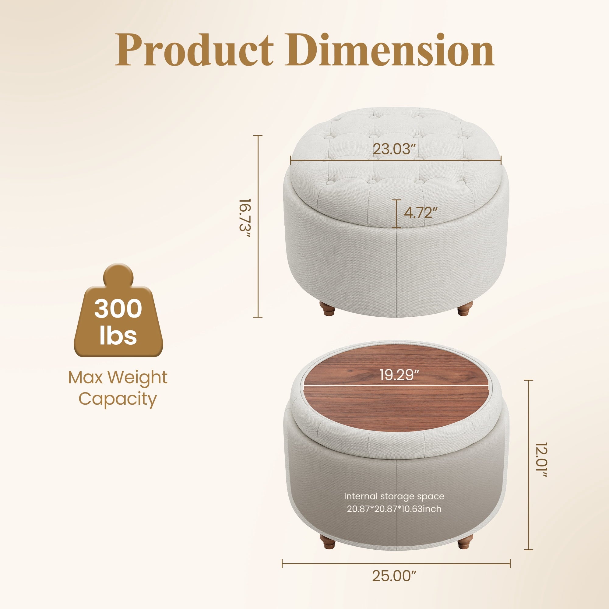 EOP 25" Round Storage Ottoman, Tufted Fabric Modern Circle Ottoman with Reversible Tray Lid, Solid Wood Legs, Multi-Use Coffee Table & Seating for Living Room, Bedroom, Beige